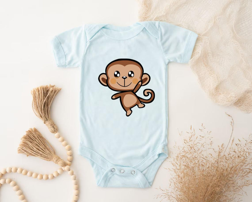 a baby bodysuit with a cartoon monkey on it