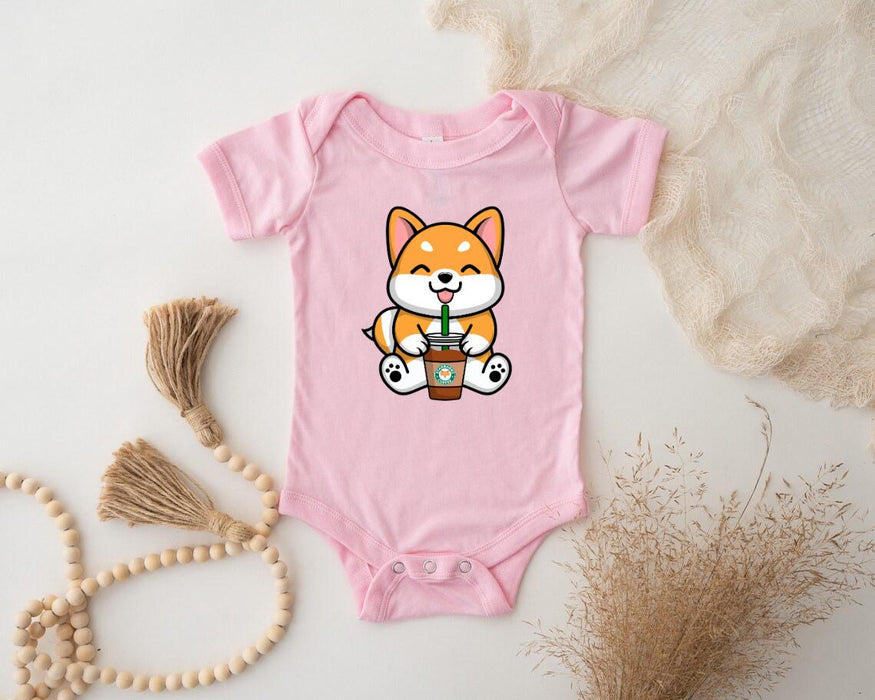 a baby bodysuit with a picture of a fox holding a cup of coffee