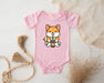 a baby bodysuit with a picture of a fox holding a cup of coffee