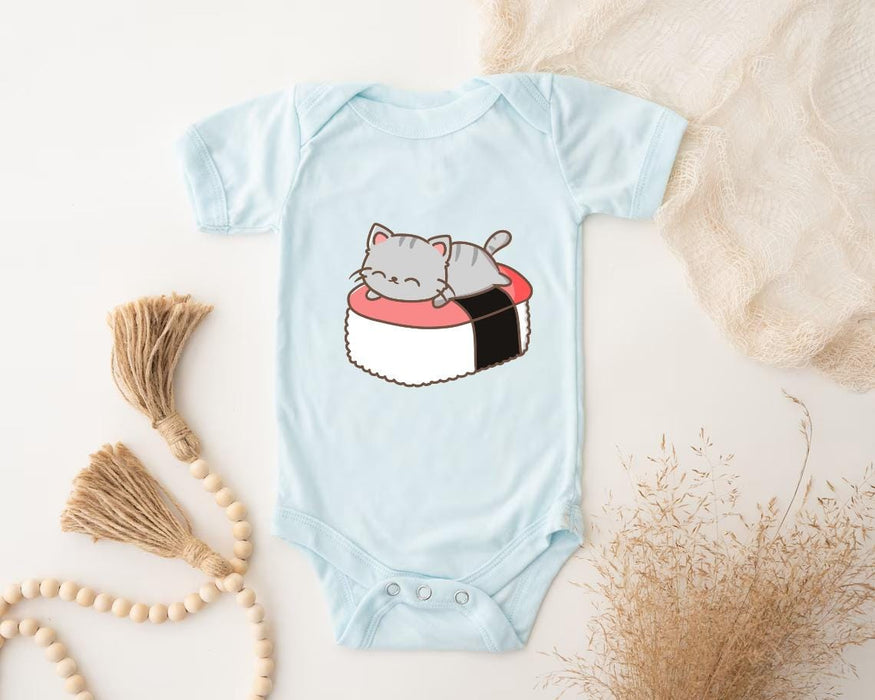 a baby bodysuit with a sushi cat on it