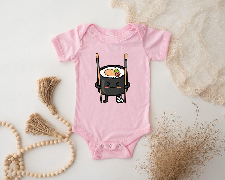 a baby bodysuit with a sushi character on it