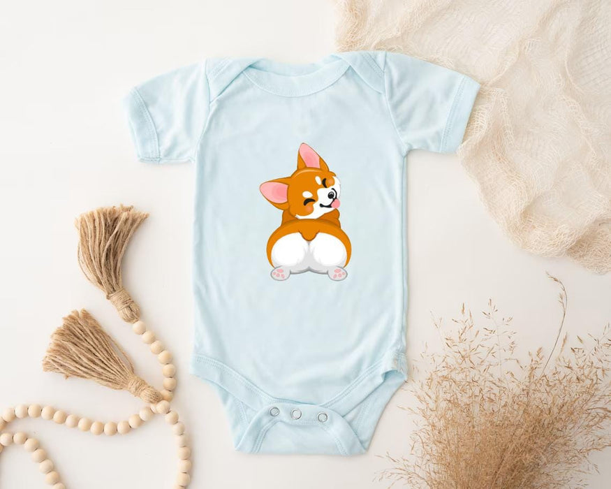 a baby bodysuit with a cartoon dog on it