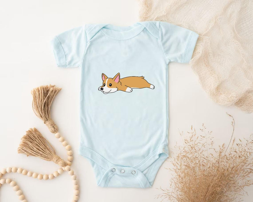 a baby bodysuit with a corgi dog on it