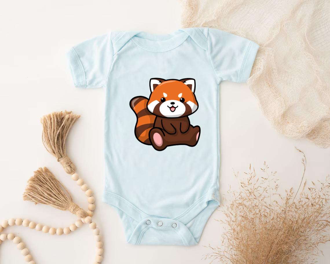a baby bodysuit with a picture of a red panda bear