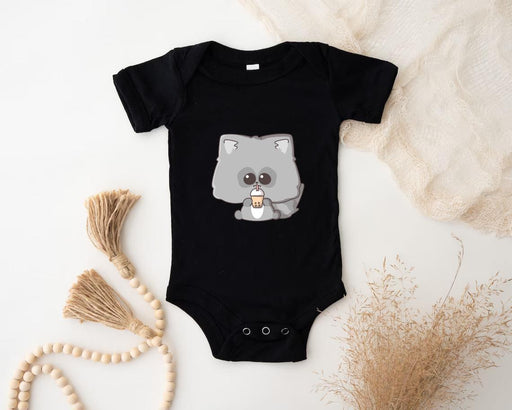 a baby bodysuit with a koala holding a cup of coffee