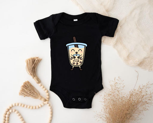 a baby bodysuit with a picture of a coffee drink on it