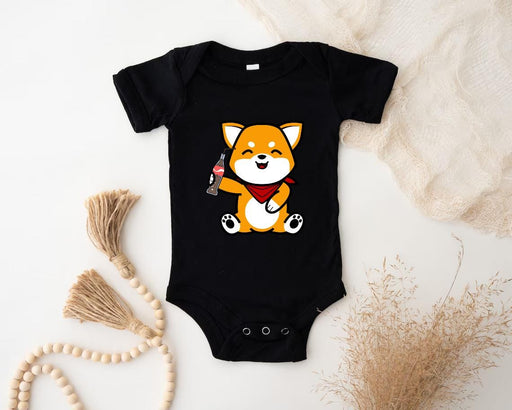 a baby bodysuit with a picture of a dog on it