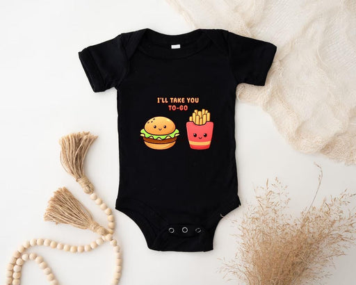 a baby bodysuit with a hamburger and fries on it