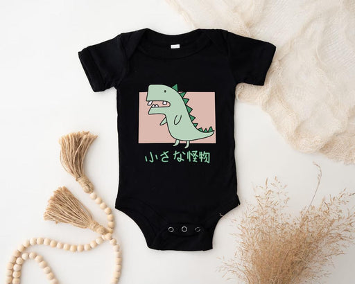 a black bodysuit with a green dinosaur on it
