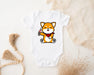 a baby bodysuit with a picture of a dog on it