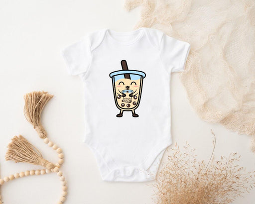 a baby bodysuit with a picture of a cup of coffee on it