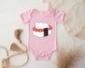 a pink baby bodysuit with a sushi cat on it