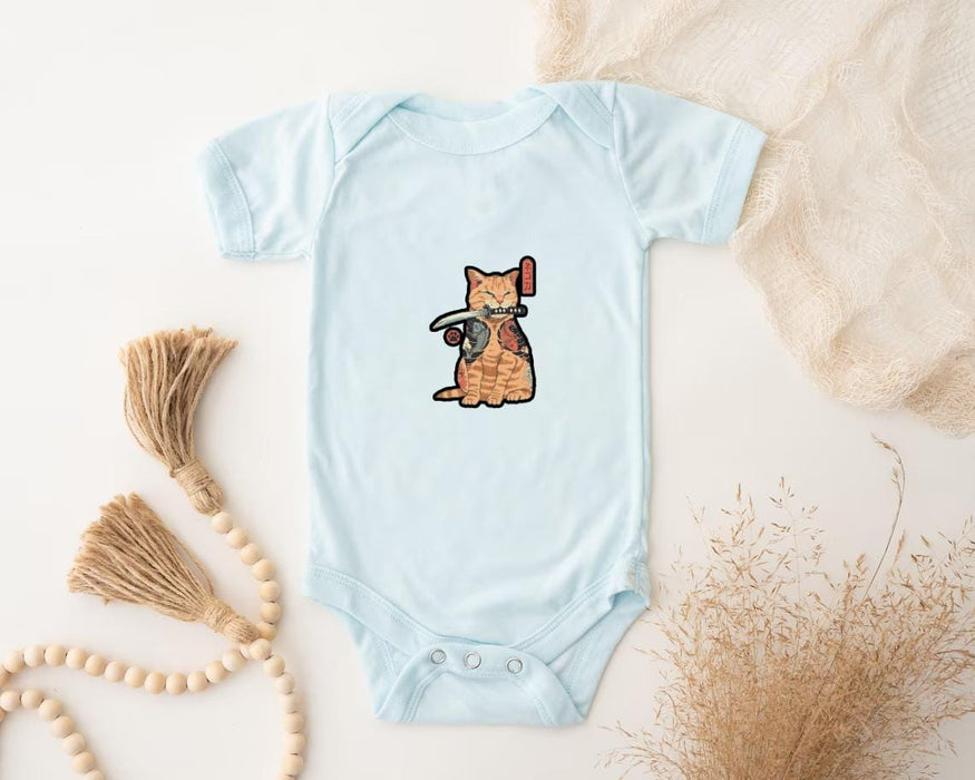 a baby bodysuit with a picture of a cat on it