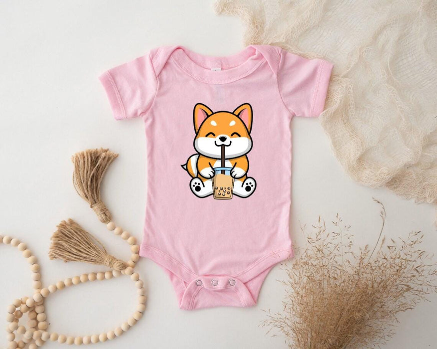a baby bodysuit with a picture of a fox holding a drink