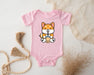 a baby bodysuit with a picture of a fox holding a drink