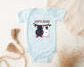 a baby bodysuit with a picture of a dog on it