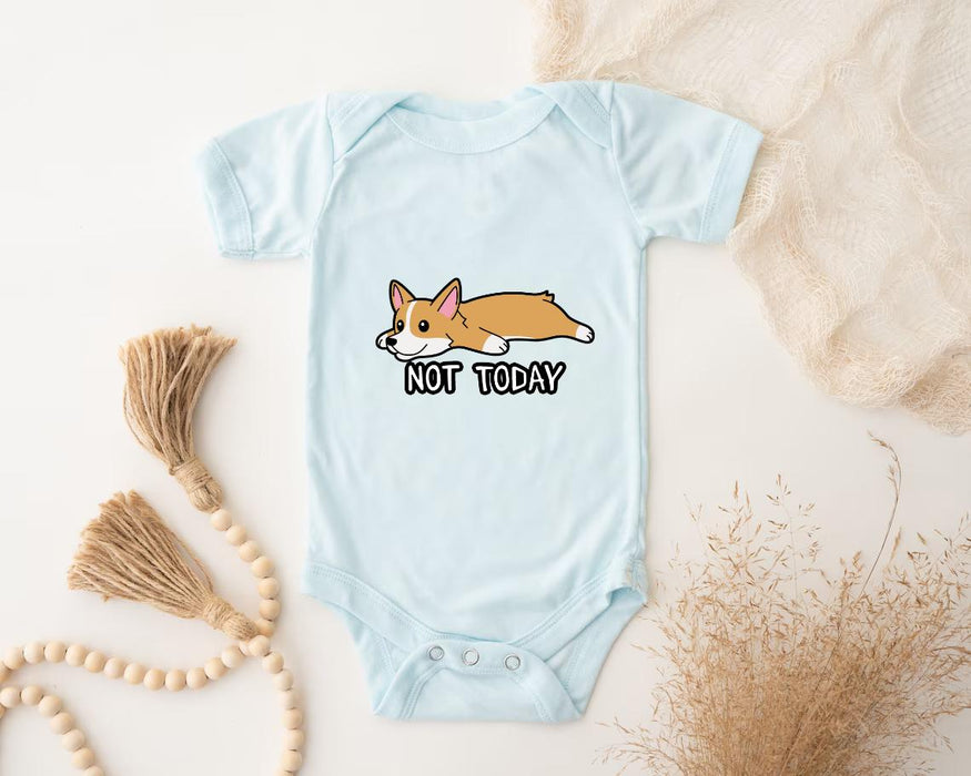 a baby bodysuit with a corgi on it