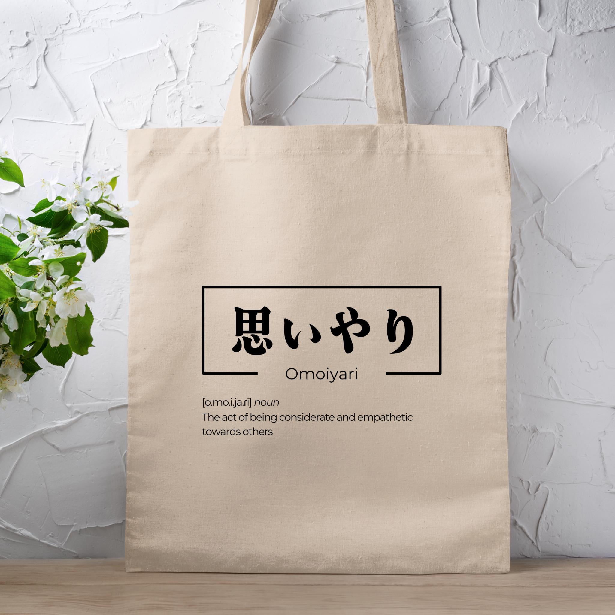 a tote bag sitting on top of a wooden table