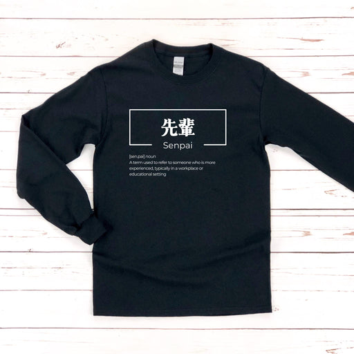 a black long - sleeved shirt with white writing on it