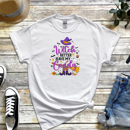 a white t - shirt with the words witch and a witch hat