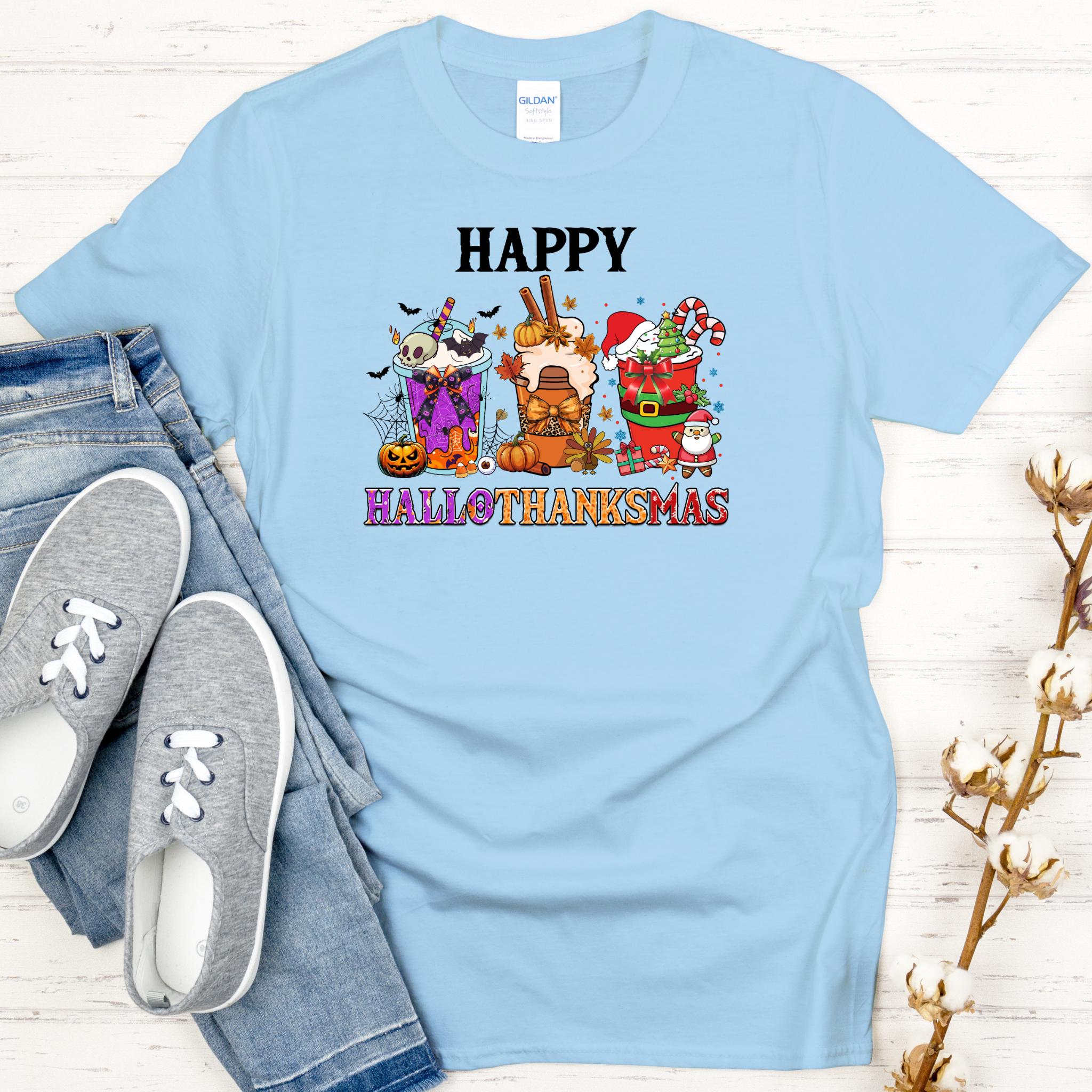 a blue t - shirt with the words happy halloween on it