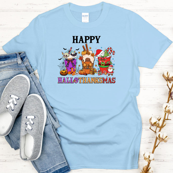 a blue t - shirt with the words happy halloween on it