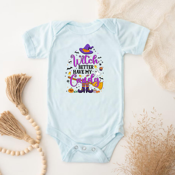 a baby bodysuit with a witch saying on it