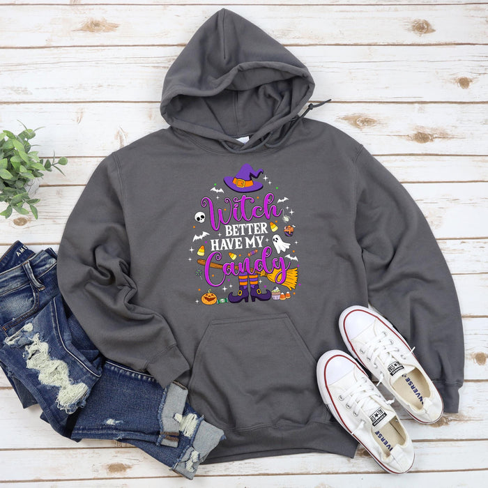 a gray hoodie with a witch saying on it