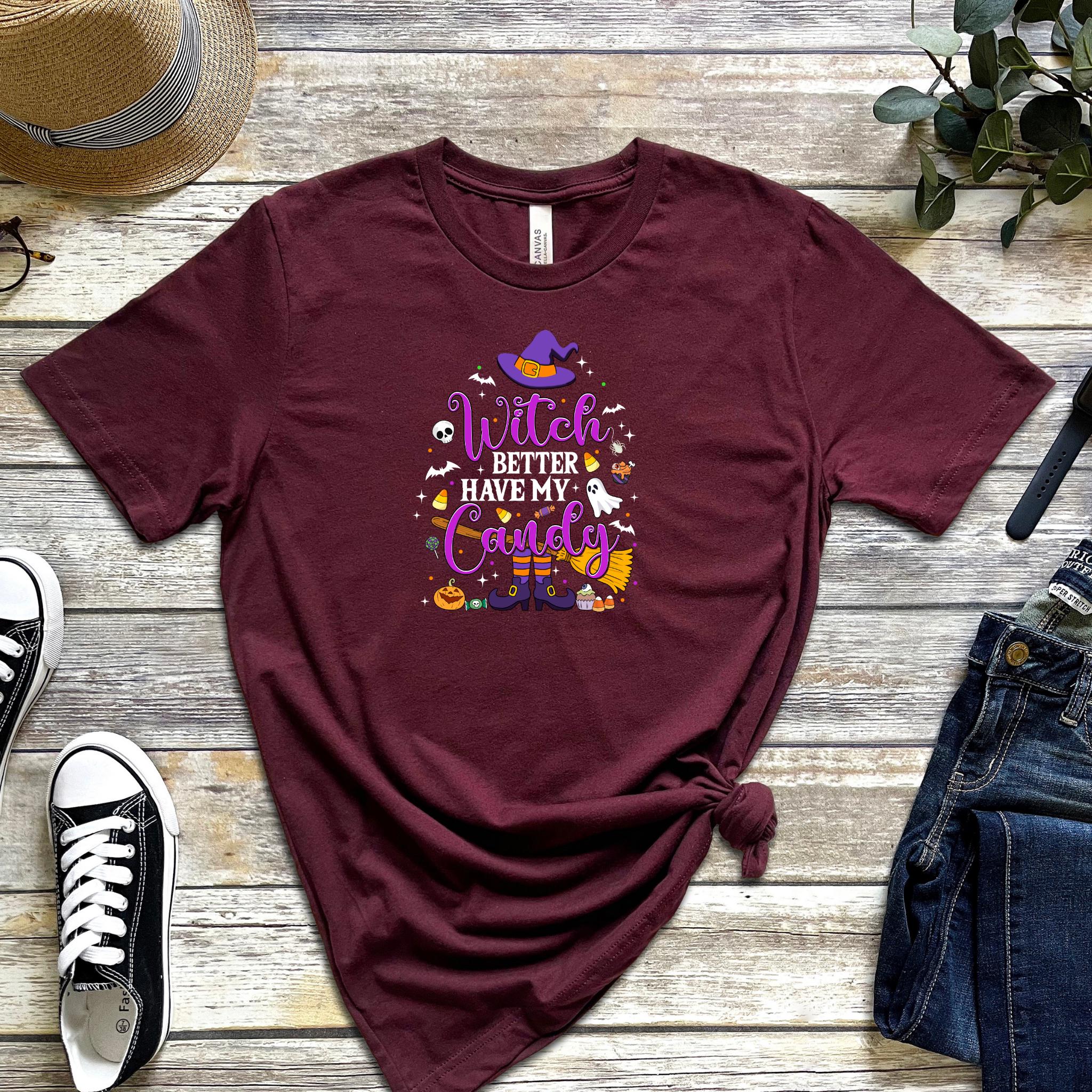 a women's t - shirt with the words witch and a hat on it