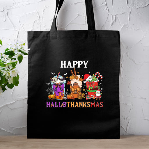 a black shopping bag with a happy halloween message