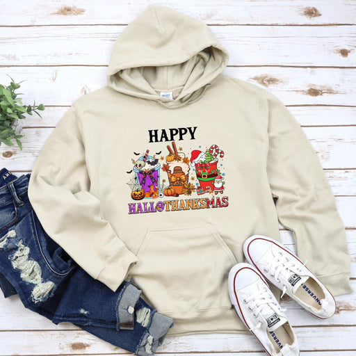 a white hoodie with the words happy thanksgiving on it