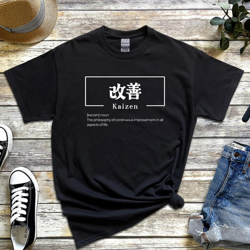 a black t - shirt with the words kaizen on it