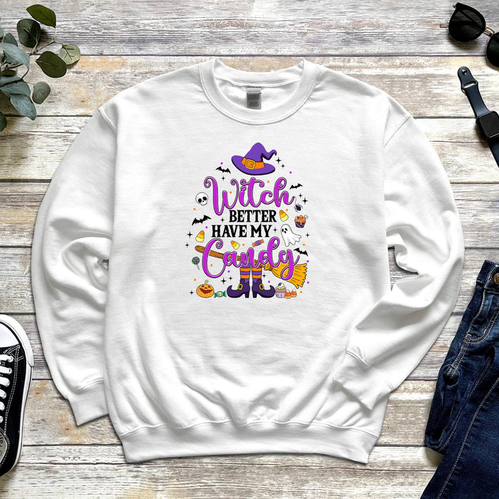 a white sweatshirt with a witch saying on it
