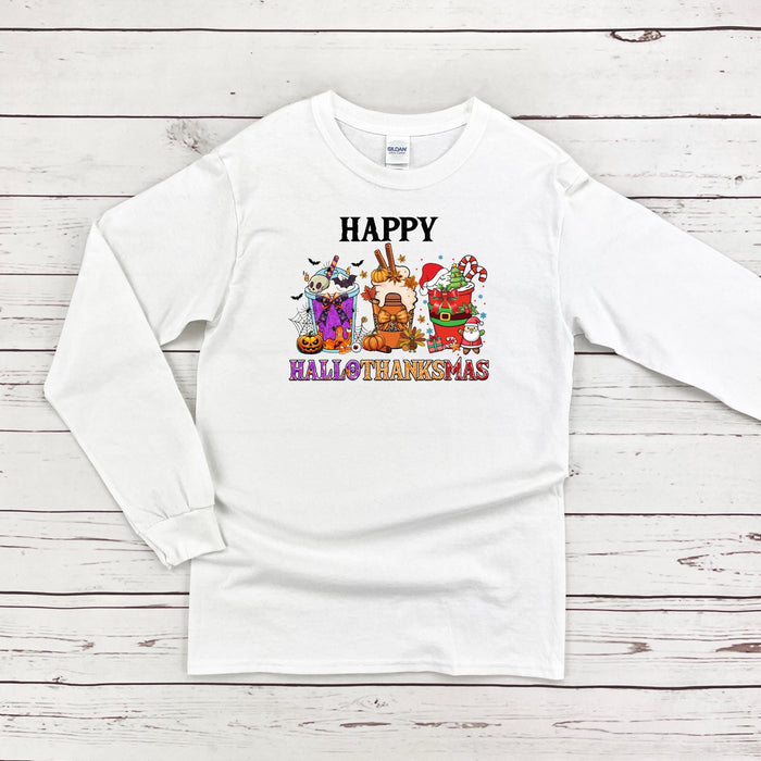 a white long - sleeved shirt with the words happy halloween on it