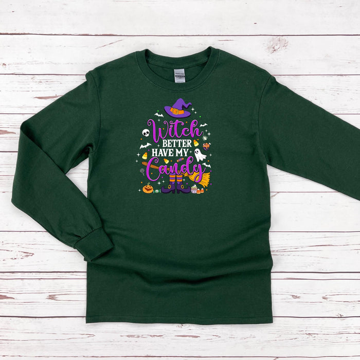 a green shirt with a witch saying on it