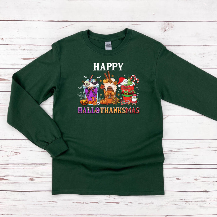 a green long sleeved shirt with a happy halloween design