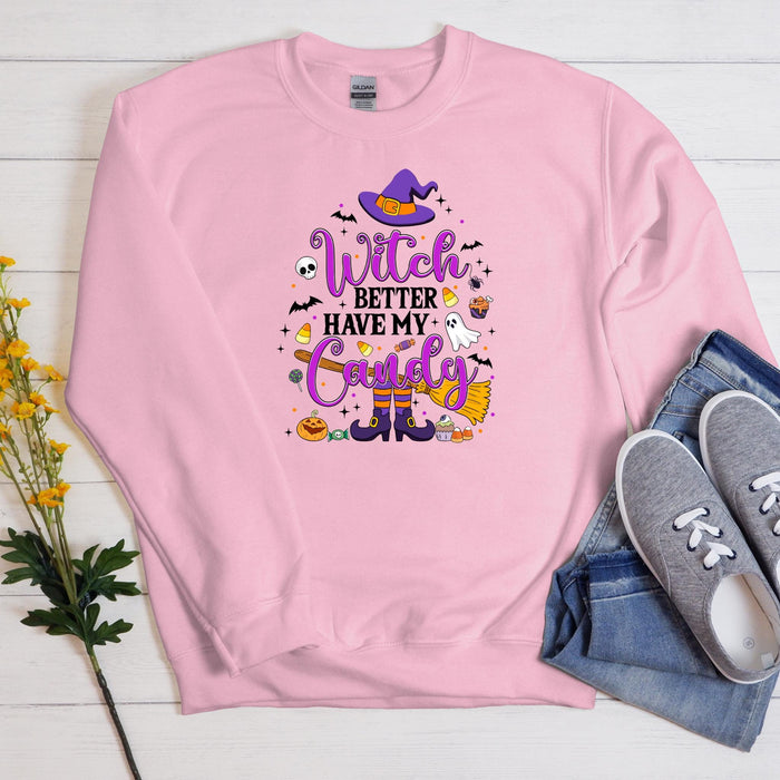 a pink sweatshirt with a witch saying on it
