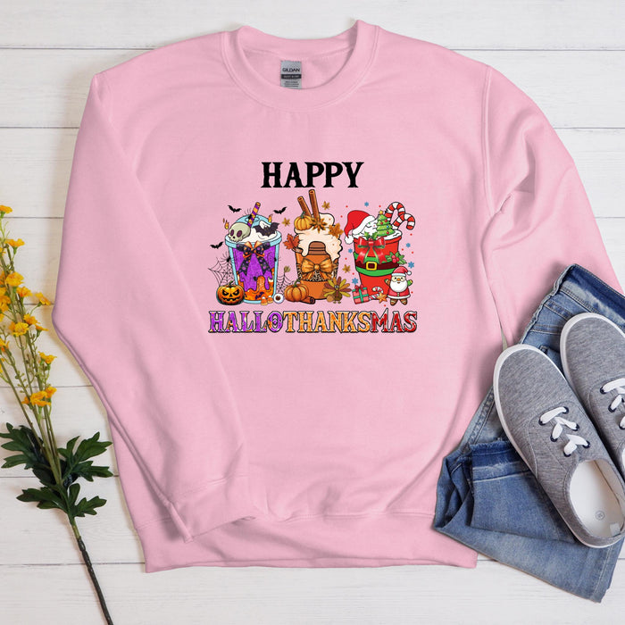 a pink sweatshirt with the words happy halloween on it