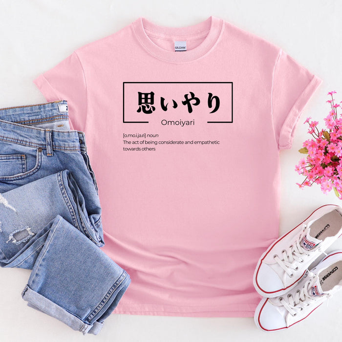 a pink shirt with japanese characters on it