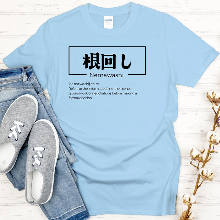 a blue t - shirt with japanese characters on it