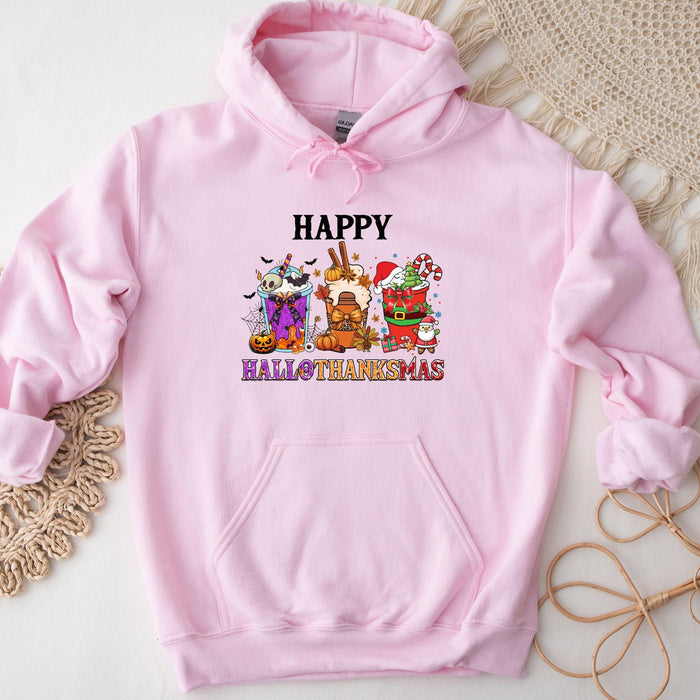 a pink hoodie with the words happy thanksgiving on it