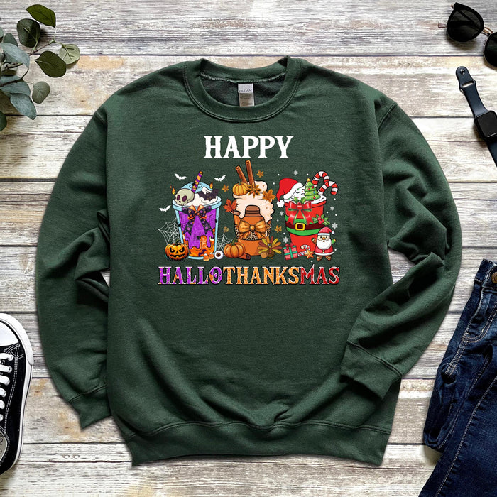 a green sweatshirt with a happy halloween design on it