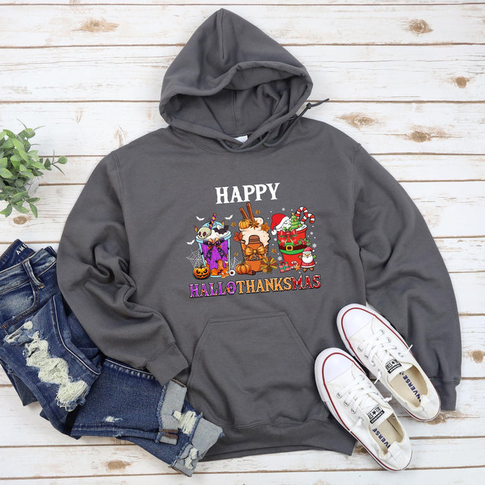 a gray hoodie with the words happy head of thanks on it
