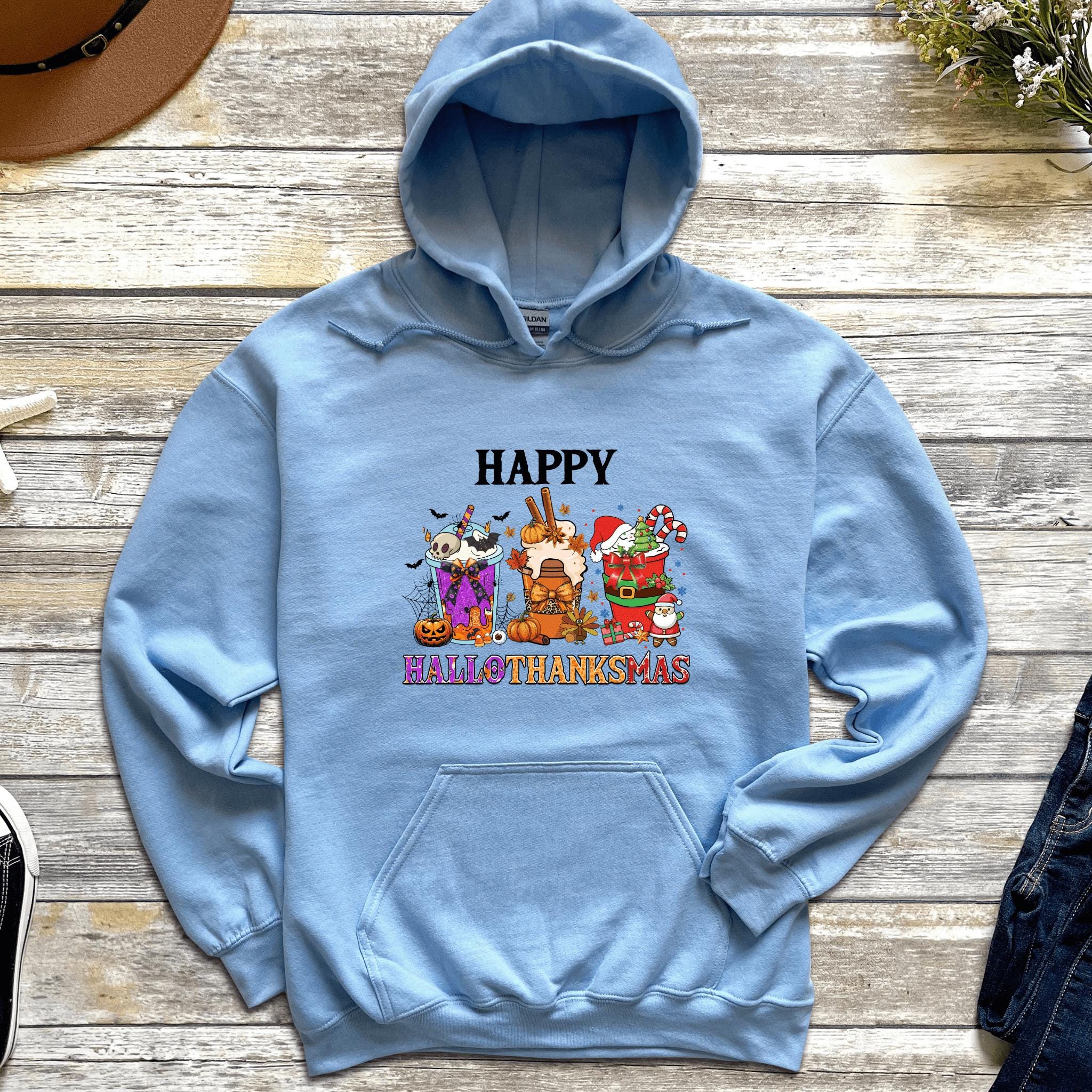 a blue hoodie with the words happy thanksgiving on it