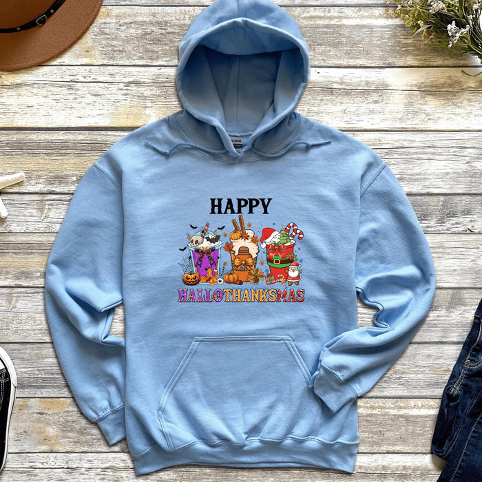 a blue hoodie with the words happy thanksgiving on it