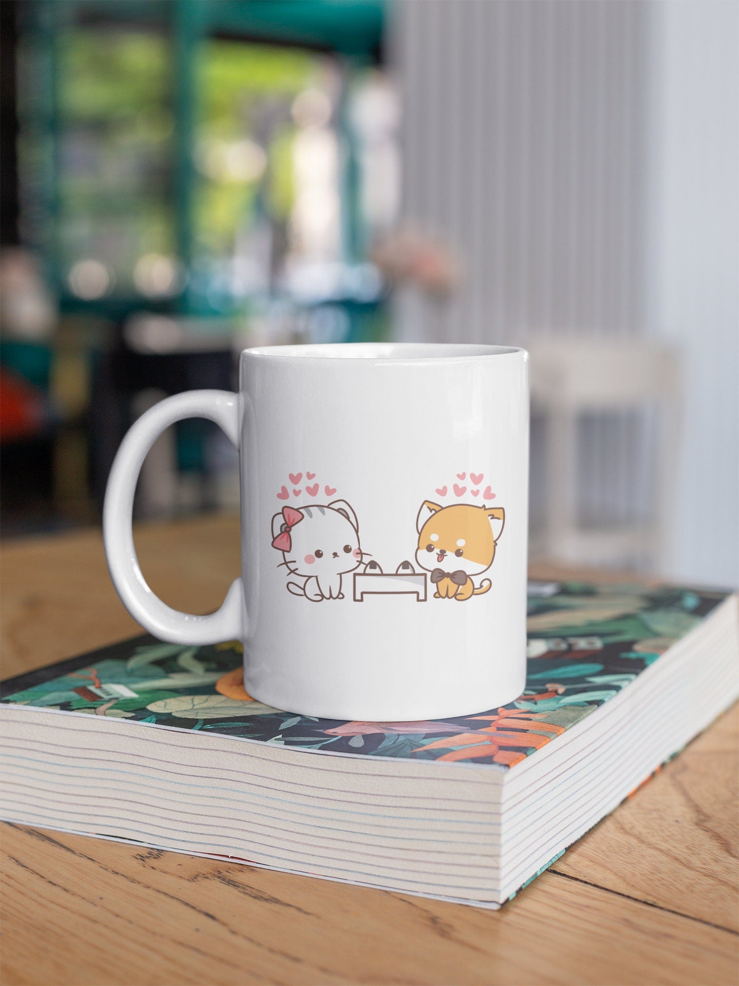 Cat and Dog on Date Kawaii Coffee Mug