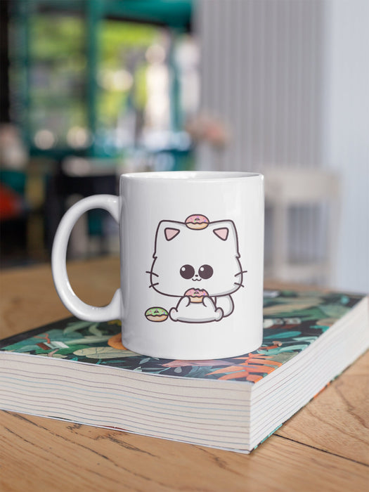 White Donut Cat Kawaii Coffee Mug