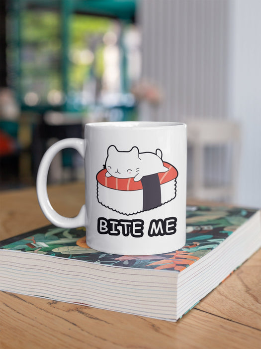 White Cat on Sushi Bed "Bite Me" Kawaii Coffee Mug