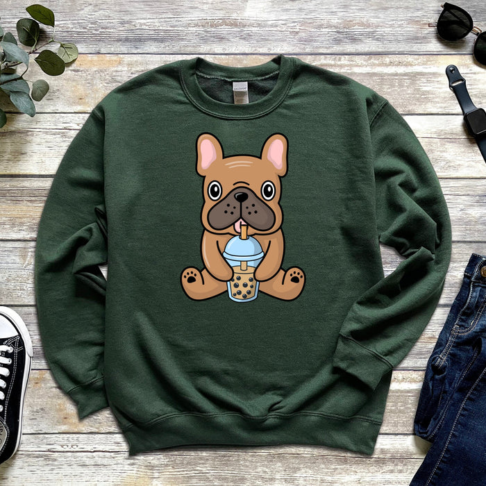 Brown Bulldog Drinking Boba Tea Unisex Sweatshirt