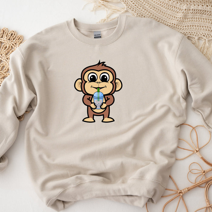 Boba Tea Monkey Unisex Sweatshirt -- Kids & Adult Sizes, Kawaii Comfy Clothing, Cute dinosaur, japanese streetwear gift